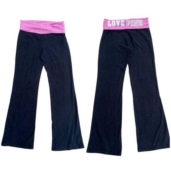 Y2K VS PINK M Foldover Black Flare Leggings Pink Silver Logo Low Rise Vtg - Picture 2 of 15